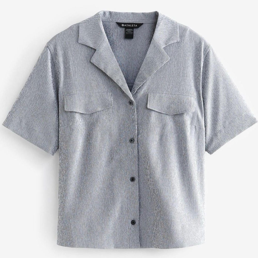 Athleta NEW‎ Echo Short Sleeve Back Ruffle Accent Gray Utility Button Down Sz XL